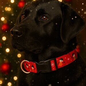 Red Christmas Dog Collar, Cotton Fabric 1" Wide, Adjustable 17"-27" Neck Size